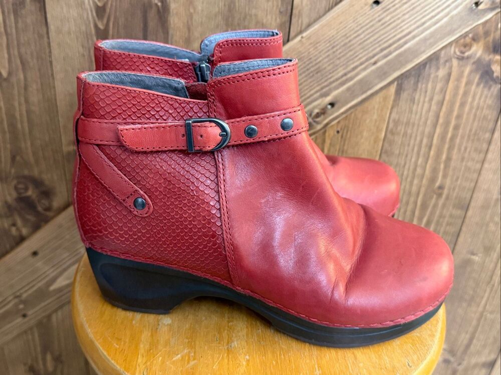 Sanita Women’s Red Leather Ankle Boots Size EU 41 US 10 Buckle Side Zip